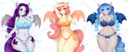 Size: 3060x1248 | Tagged: suggestive, artist:nekocakeart, derpibooru import, edit, oc, oc:glimmer palette, oc:peach blossom, oc:sweet hum, unofficial characters only, anthro, bat pony, anthro oc, armpits, belly button, blue underwear, bra, breasts, cleavage, clothes, crop top bra, cute, female, frilly underwear, heart, heart print underwear, lingerie, lying down, on back, orange underwear, panties, ribbon, smiling, underwear, white underwear