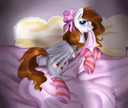 Size: 3462x2921 | Tagged: suggestive, artist:pridark, derpibooru import, oc, oc:akira, unofficial characters only, pegasus, pony, bed, bedroom eyes, bow, clothes, dock, female, hair bow, inviting, mouth hold, pillow, plot, sheet, socks, solo, solo female, stockings, striped socks, sultry pose