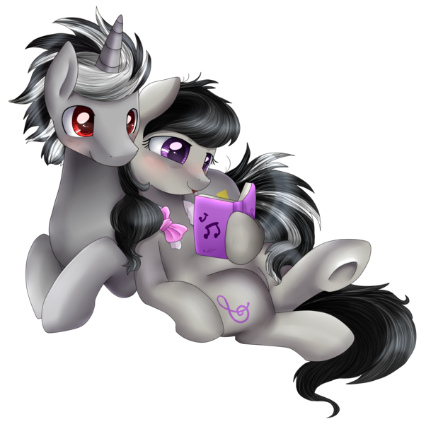 Size: 3110x3099 | Tagged: safe, artist:pridark, derpibooru import, octavia melody, oc, earth pony, pony, unicorn, background pony, bags under eyes, bed hair, blushing, book, bowtie, canon x oc, hooves, shipping, simple background, snuggling, transparent background, underhoof, writing