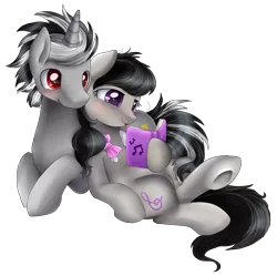 Size: 3110x3099 | Tagged: safe, artist:pridark, derpibooru import, octavia melody, oc, earth pony, pony, unicorn, background pony, bags under eyes, bed hair, blushing, book, bowtie, canon x oc, hooves, shipping, simple background, snuggling, transparent background, underhoof, writing