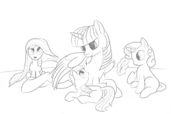 Size: 3000x1997 | Tagged: safe, artist:graboiidz, derpibooru import, apple bloom, scootaloo, sweetie belle, twilight sparkle, twilight sparkle (alicorn), alicorn, pony, cutie mark crusaders, female, foalsitting, mare, monochrome