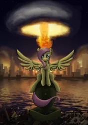 Size: 2480x3508 | Tagged: safe, artist:mozgan, derpibooru import, fluttershy, pegasus, pony, fallout equestria, fanfic, apocalypse, armageddon, atomic bomb, badass, balefire bomb, bomb, bone, city, cool guys don't look at explosions, end of the world, explosion, fanfic art, female, flutterbadass, hooves, manehattan, mare, megaspell, megaspell explosion, ministry mares, ministry of peace, mushroom cloud, nuclear explosion, riding a bomb, river, sitting, skeleton, skull, solo, spread wings, symbolic, water, wings