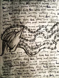 Size: 922x1229 | Tagged: artist:luted, derpibooru import, fanfic:background pony, lyra heartstrings, madness mantra, monochrome, music notes, safe, solo, text, traditional art