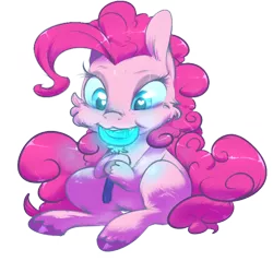 Size: 660x630 | Tagged: safe, artist:lunarmarshmallow, derpibooru import, pinkie pie, bioluminescent, drool, eating, fangs, glow, glowing eyes, lollipop, sitting, solo, unshorn fetlocks, wingding eyes