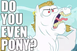 Size: 750x500 | Tagged: safe, derpibooru import, screencap, bulk biceps, roid rage, hurricane fluttershy, caption, do you even lift, earring, image macro, meme, open mouth, piercing, raised hoof, solo, tongue out, yeah