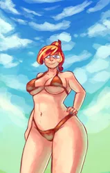 Size: 2100x3300 | Tagged: absolute cleavage, artist:checkerboardazn, belly button, bikini, breasts, busty sunset shimmer, cleavage, clothes, derpibooru import, female, human, humanized, small head, solo, solo female, suggestive, sunset shimmer, swimsuit, underboob