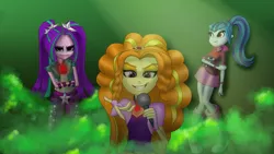 Size: 8000x4500 | Tagged: safe, artist:yogisp, derpibooru import, adagio dazzle, aria blaze, sonata dusk, equestria girls, absurd resolution, grin, looking at you, microphone, smiling, smirk, the dazzlings