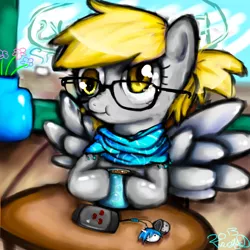 Size: 4000x4000 | Tagged: safe, artist:wendysakana, derpibooru import, derpy hooves, octavia melody, vinyl scratch, pegasus, pony, clothes, coffee, female, flower, glasses, hipster, keychain, mare, phone, scarf, solo