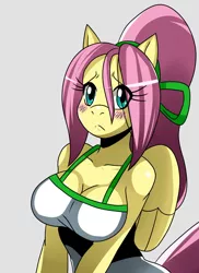 Size: 1244x1708 | Tagged: anthro, arm boob squeeze, artist:ss2sonic, blushing, breasts, busty fluttershy, cleavage, derpibooru import, female, fluttershy, mare, pegasus, ponytail, safe, simple background, solo