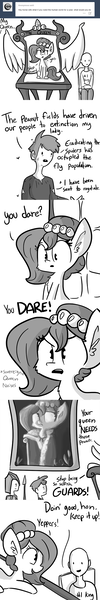 Size: 660x3960 | Tagged: safe, artist:tjpones, derpibooru import, oc, oc:brownie bun, oc:richard, unofficial characters only, horse wife, ask, guard, monochrome, peasant, portrait, queen, throne, tumblr