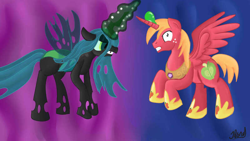 Size: 1280x720 | Tagged: safe, artist:jbond, derpibooru import, big macintosh, queen chrysalis, alicorn, do princesses dream of magic sheep, alicornified, fight, princess big mac, race swap