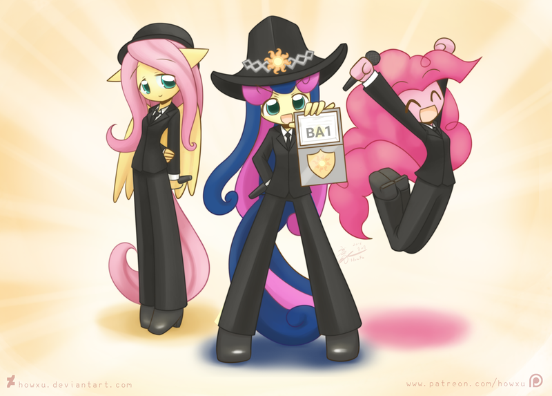 Size: 1209x866 | Tagged: ambiguous facial structure, anthro, artist:howxu, bon bon, crossover, derpibooru import, elite beat agents, fluttershy, pinkie pie, rhythm game, safe, secret agent sweetie drops, sweetie drops