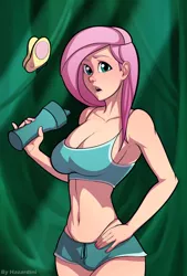 Size: 1280x1895 | Tagged: armpits, artist:hazardini, belly button, big breasts, breasts, busty fluttershy, butterfly, cleavage, clothes, derpibooru import, female, fluttershy, gym uniform, human, humanized, midriff, panties, sexy, shorts, solo, solo female, sports bra, stupid sexy fluttershy, suggestive, thong, underwear, water bottle