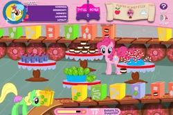 Size: 747x495 | Tagged: safe, derpibooru import, screencap, pinkie pie, oc, oc:sketch, adventures in ponyville, candy cane, cupcake, hungry, image, lollipop, pinkie pie's sweet shoppe, png, solo