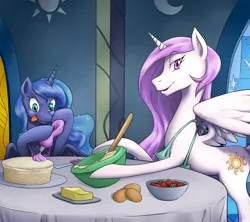 Size: 2444x2175 | Tagged: safe, artist:nauth, derpibooru import, princess celestia, princess luna, apron, cake, castle of the royal pony sisters, clothes, food, sisters, tongue out