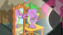 Size: 1280x720 | Tagged: safe, derpibooru import, screencap, gummy, pinkie pie, spike, dragon, party of one, female, interrogation, looking good spike, male, mirror, spotlight