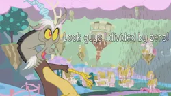 Size: 688x387 | Tagged: chaos, chocolate, chocolate rain, cloud, cotton candy, cotton candy cloud, derpibooru import, discord, discord being discord, discorded landscape, divide by zero, draconequus, edit, edited screencap, epic fail, food, green sky, male, oh god, ponyville, ponyville town hall, rain, safe, screencap, solo, the return of harmony
