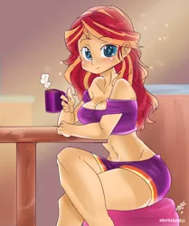 Size: 800x959 | Tagged: suggestive, artist:mrscurlystyles, artist:shepherd0821, derpibooru import, sunset shimmer, human, equestria girls, belly button, breasts, busty sunset shimmer, cleavage, clothes, coffee, collaboration, colored pupils, female, humanized, midriff, sexy, shorts, solo, solo female, thunder thighs