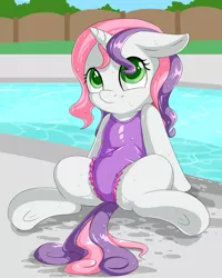 Size: 2000x2500 | Tagged: adorasexy, artist:fearingfun, clothes, cute, derpibooru import, female, filly, looking up, one-piece swimsuit, sexy, smiling, solo, solo female, suggestive, sweetie belle, swimming pool, swimsuit, underhoof, water, wet, wet mane, young