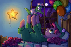 Size: 1500x1000 | Tagged: artist:jedayskayvoker, balloon, bed, clothes, cute, derpibooru import, diapinkes, duo, gummy, moon, night, on back, pajamas, pinkie pie, profile, safe, sleeping cap, smiling, stars, window