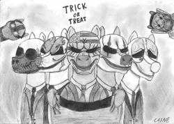 Size: 3507x2492 | Tagged: safe, artist:caine, derpibooru import, ponified, wolf, bulldozer, chains, cloaker, dallas, houston, hoxton, masks, parody, payday, payday 2, traditional art, trick or treat