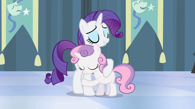 Size: 1280x720 | Tagged: safe, derpibooru import, screencap, rarity, sweetie belle, pony, unicorn, for whom the sweetie belle toils, season 4, duo, duo female, eyes closed, female, hug, image, png, reformed, siblings, smiling