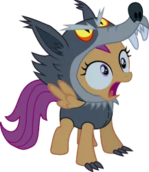 Size: 532x612 | Tagged: safe, artist:zhinevrilya, derpibooru import, scootaloo, wolf, luna eclipsed, clothes, scootawolf, simple background, solo, transparent background, vector, wolf costume