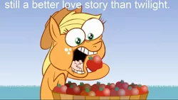 Size: 1600x900 | Tagged: apple, applejack, derpibooru import, eating, image macro, love, meme, .mov, safe, screencap, still a better love story than twilight, still a better x than y, that pony sure does love apples