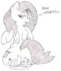 Size: 902x1048 | Tagged: suggestive, artist:zacharyisaacs, derpibooru import, oc, oc:pepper dust, unofficial characters only, pegasus, pony, fetish, food, food fetish, french, large butt, pizza, sitting, solo, traditional art