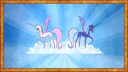 Size: 1280x720 | Tagged: safe, derpibooru import, screencap, princess celestia, princess luna, alicorn, pony, friendship is magic, book, cloud, duo, female, hooves, horn, illustration, it begins, mare, on a cloud, pink-mane celestia, pony history, raised hoof, royal sisters, s1 luna, sisters, spread wings, standing on cloud, start of ponies, storybook, wings