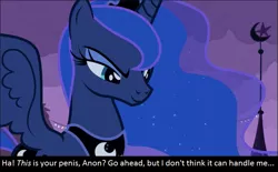 Size: 753x466 | Tagged: suggestive, derpibooru import, edit, edited screencap, screencap, princess luna, oc, oc:anon, human, pony, bronybait, caption, challenge accepted, human on pony action, humiliation, imminent sex, interspecies, meta, solo, teasing