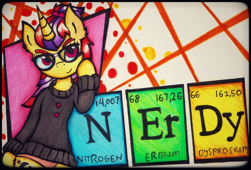 Size: 2434x1646 | Tagged: artist:canvymamamoo, clothes, derpibooru import, dysprosium, erbium, moondancer, nitrogen, periodic table, safe, solo, sweater, traditional art