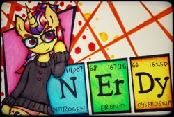 Size: 2434x1646 | Tagged: artist:canvymamamoo, clothes, derpibooru import, dysprosium, erbium, moondancer, nitrogen, periodic table, safe, solo, sweater, traditional art