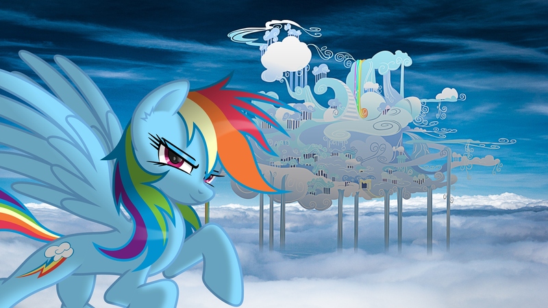 Size: 7680x4320 | Tagged: absurd resolution, artist:laszlvfx, artist:ratchethun, cloudsdale, derpibooru import, edit, rainbow dash, safe, solo, wallpaper, wallpaper edit