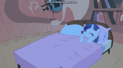 Size: 488x270 | Tagged: safe, derpibooru import, screencap, applejack, rarity, earth pony, pony, unicorn, look before you sleep, animated, bed, bouncing, duo, eyes closed, female, gif, mare, rekt, smiling, watermark, wide eyes