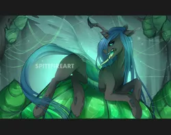 Size: 1000x786 | Tagged: safe, artist:spittfireart, derpibooru import, queen chrysalis, cocoon, looking at you, open mouth, prone, solo, tongue out, watermark