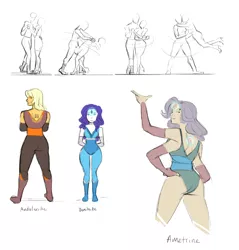 Size: 1280x1340 | Tagged: safe, artist:demdoodles, derpibooru import, applejack, rarity, oc, oc:ametrine, human, dancing, female, fusion, fusion dance, gem, gemsona, humanized, lesbian, rarijack, shipping, steven universe