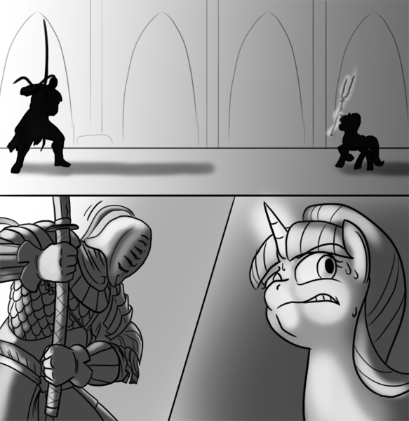 Size: 700x721 | Tagged: safe, artist:mistermech, derpibooru import, starlight glimmer, comic, crossover, dark souls, dark souls 2, duel, monochrome, s5 starlight, sir alonne, staff, staff of sameness, sweat, this will end in tears and/or death