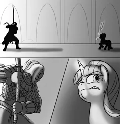 Size: 700x721 | Tagged: safe, artist:mistermech, derpibooru import, starlight glimmer, comic, crossover, dark souls, dark souls 2, duel, monochrome, s5 starlight, sir alonne, staff, staff of sameness, sweat, this will end in tears and/or death