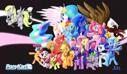 Size: 2183x1276 | Tagged: safe, artist:blue-paint-sea, derpibooru import, apple bloom, applejack, big macintosh, derpy hooves, fluttershy, gilda, pinkie pie, princess celestia, princess luna, rainbow dash, rarity, scootaloo, spike, sweetie belle, trixie, twilight sparkle, alicorn, dragon, earth pony, gryphon, pony, unicorn, bipedal, bow, cape, clothes, cutie mark crusaders, floating, glasses, grin, gritted teeth, group, happy, jumping, lidded eyes, looking at you, mane seven, mane six, one eye closed, open mouth, ponykart, raised eyebrow, raised hoof, scarf, smiling, spread wings, trixie's cape, wallpaper
