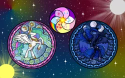 Size: 3200x2000 | Tagged: artist:akili-amethyst, derpibooru import, dive to the heart, elements of harmony, kingdom hearts, princess celestia, princess luna, safe, stained glass, wallpaper