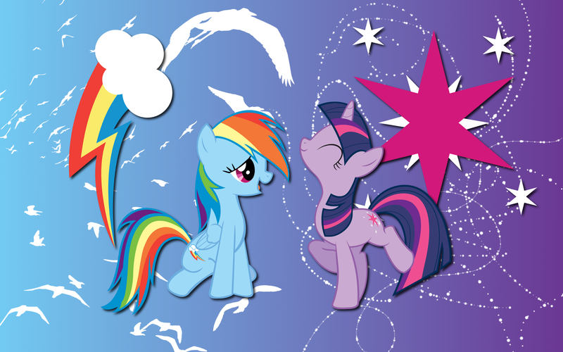 Size: 2560x1600 | Tagged: safe, artist:alicehumansacrifice0, derpibooru import, rainbow dash, twilight sparkle, bird, female, lesbian, shipping, stars, twidash, vector, wallpaper