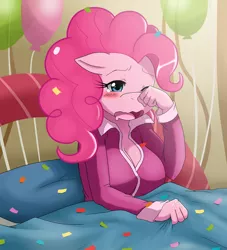 Size: 2252x2483 | Tagged: anthro, artist:ss2sonic, balloon, bed, blanket, breasts, busty pinkie pie, cleavage, clothes, confetti, derpibooru import, female, morning ponies, pajamas, pinkie pie, safe, solo, yawn