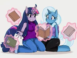 Size: 2602x1951 | Tagged: safe, artist:ss2sonic, derpibooru import, princess celestia, trixie, twilight sparkle, anthro, unguligrade anthro, unicorn, book, breasts, busty trixie, busty twilight sparkle, clothes, duo, female, magic, sweat