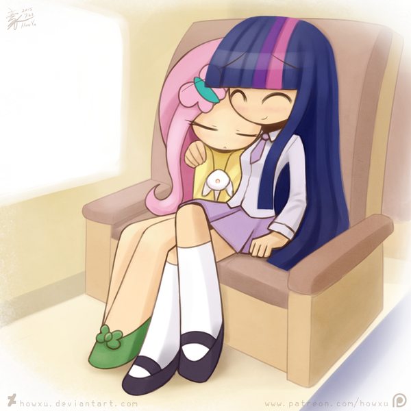 Size: 1299x1299 | Tagged: angel bunny, artist:howxu, clothes, cute, dawwww, derpibooru import, eyes closed, female, fluttershy, human, humanized, lesbian, missing nose, safe, shipping, shyabetes, sitting, skirt, smiling, twiabetes, twilight sparkle, twishy