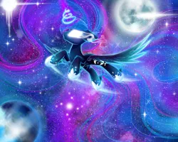 Size: 3600x2880 | Tagged: safe, artist:magnaluna, derpibooru import, princess luna, alicorn, abstract background, color porn, ethereal mane, female, flying, glowing eyes, hoof fluff, magic, mare, moon, night, solo, space, spread wings, starry mane, starry night, stars, white eyes