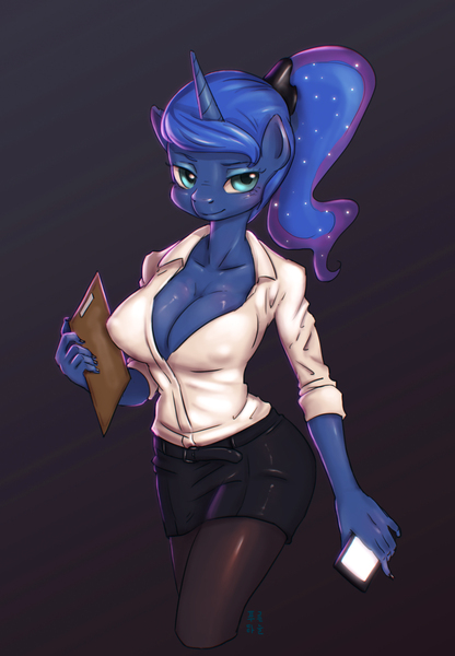 Size: 1500x2165 | Tagged: alternate hairstyle, anthro, artist:mrs1989, belt, breasts, busty princess luna, cleavage, clipboard, clothes, derpibooru import, erect nipples, female, looking at you, mobile phone, nail polish, nipple outline, phone, princess luna, questionable, shirt, skirt, solo, solo female