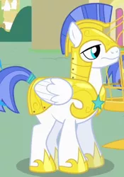 Size: 340x485 | Tagged: safe, derpibooru import, screencap, pegasus, pony, a bird in the hoof, armor, cropped, frown, helmet, hoof shoes, male, royal guard, royal guard armor, solo, stallion