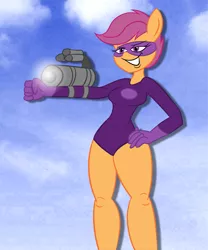 Size: 2490x3000 | Tagged: anthro, arm cannon, artist:kaixxxcorner, artist:scobionicle99, derpibooru import, domino mask, mask, safe, scootaloo, solo, spandex, super scoots, weapon