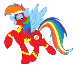 Size: 910x802 | Tagged: artist:cluttercluster, clothes, costume, derpibooru import, eyes closed, rainbow dash, safe, solo, the flash